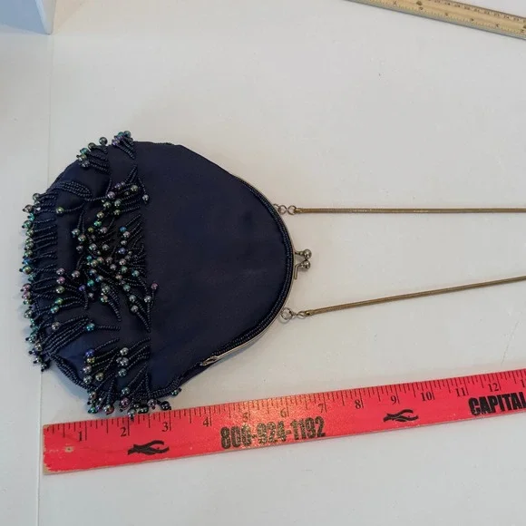 Vintage Navy Blue Satin Beaded Fringe Evening Bag Iridescent Oil Slick Kiss Lock - Picture 5 of 11